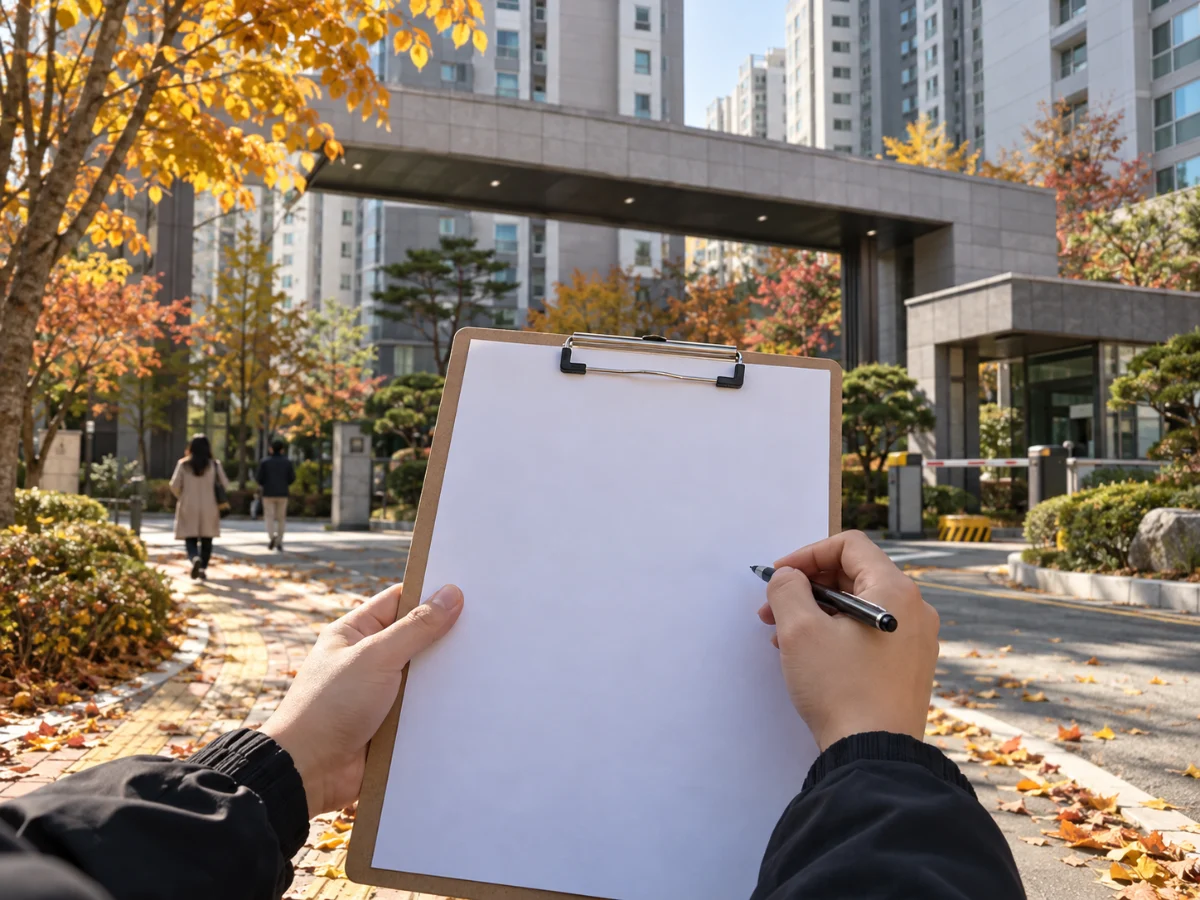 아파트 단지 앞에서 계약 전 체크리스트를 확인하는 손